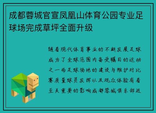 成都蓉城官宣凤凰山体育公园专业足球场完成草坪全面升级